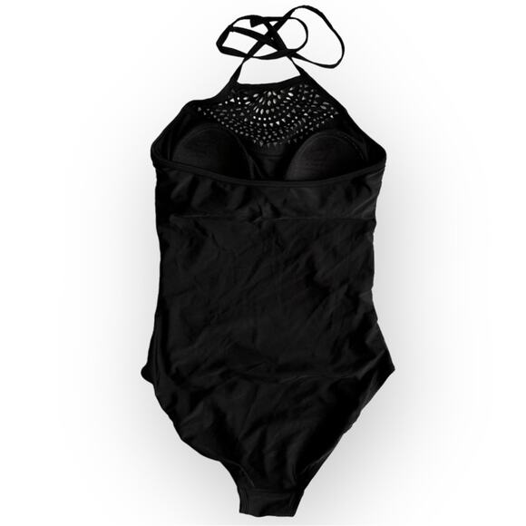 Merona One-Piece Swimsuit Padded Halter Neck Backless Lazer Cut size Small Black - Picture 13 of 15
